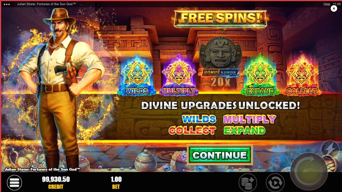 Tampilan antarmuka mobile slot Julian Stone: Fortunes of the Sun God™