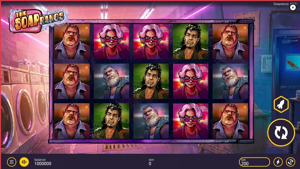 The Soapranos slot machine interface with laundry and mafia theme