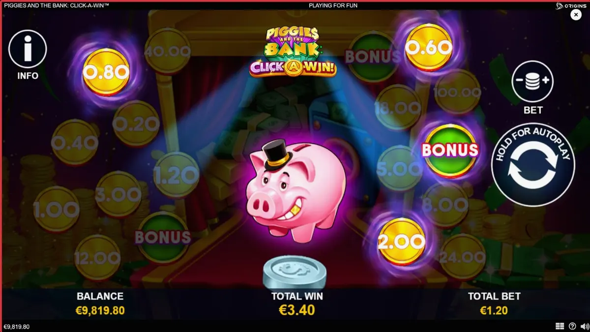 Tampilan antarmuka permainan slot Piggies and the Bank: Click-A-Win dengan karakter babi yang mewah